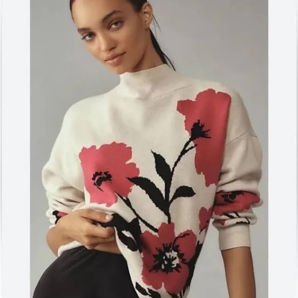 Maeve Floral Cowl Neck Sweater - Cream and Red